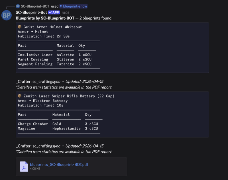 The bot replying in Discord with two blueprint cards, each listing parts, materials and quantities, and a PDF report attached