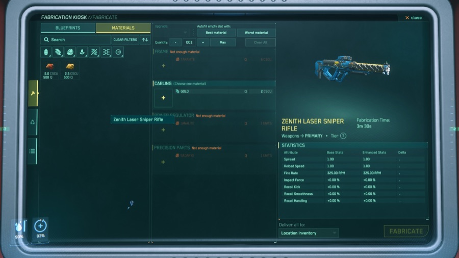 The in-game Fabrication Kiosk showing the Zenith Laser Sniper Rifle, its required materials, and a STATISTICS panel